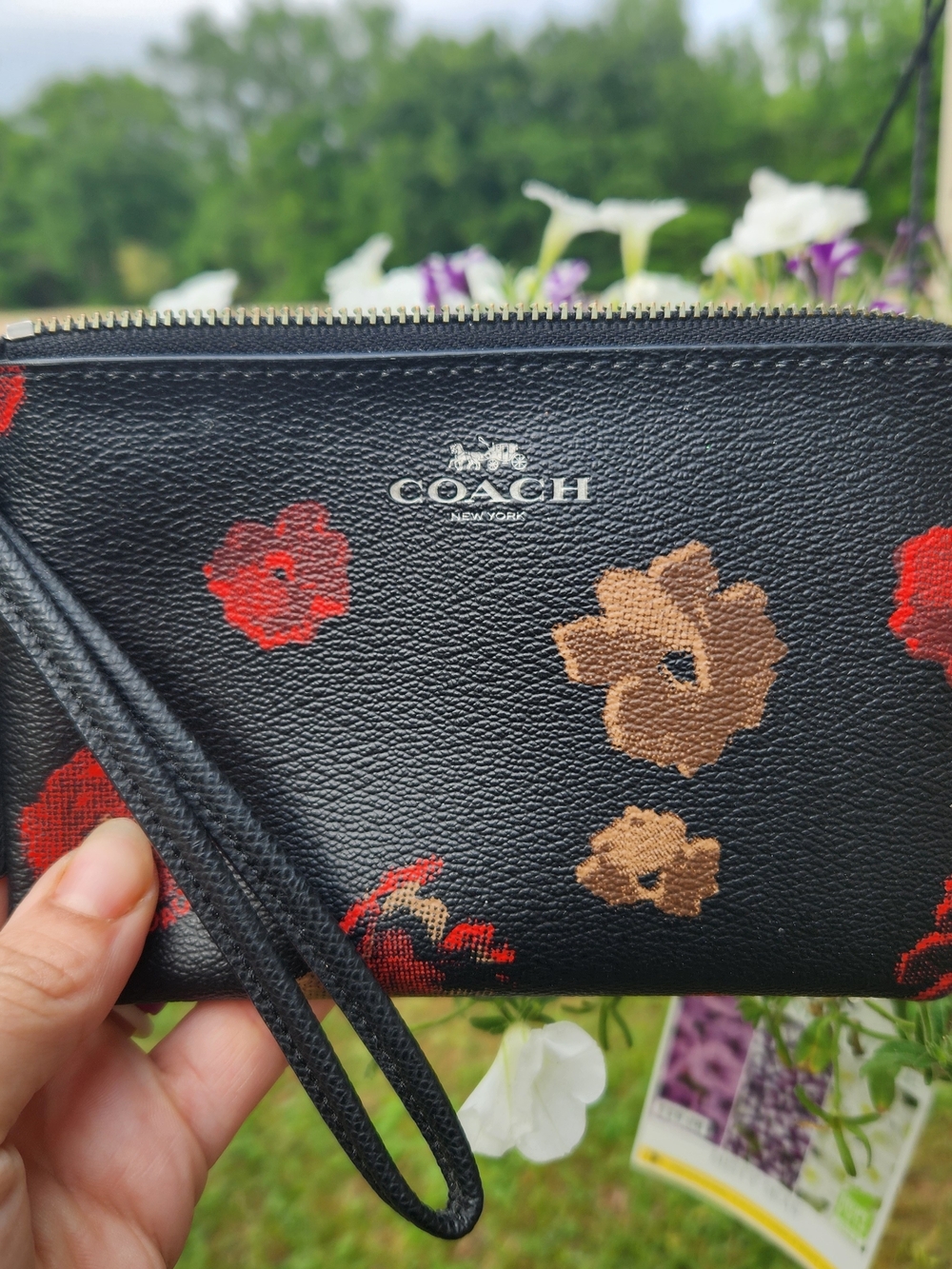 Coach Black Floral Leather Wristlet